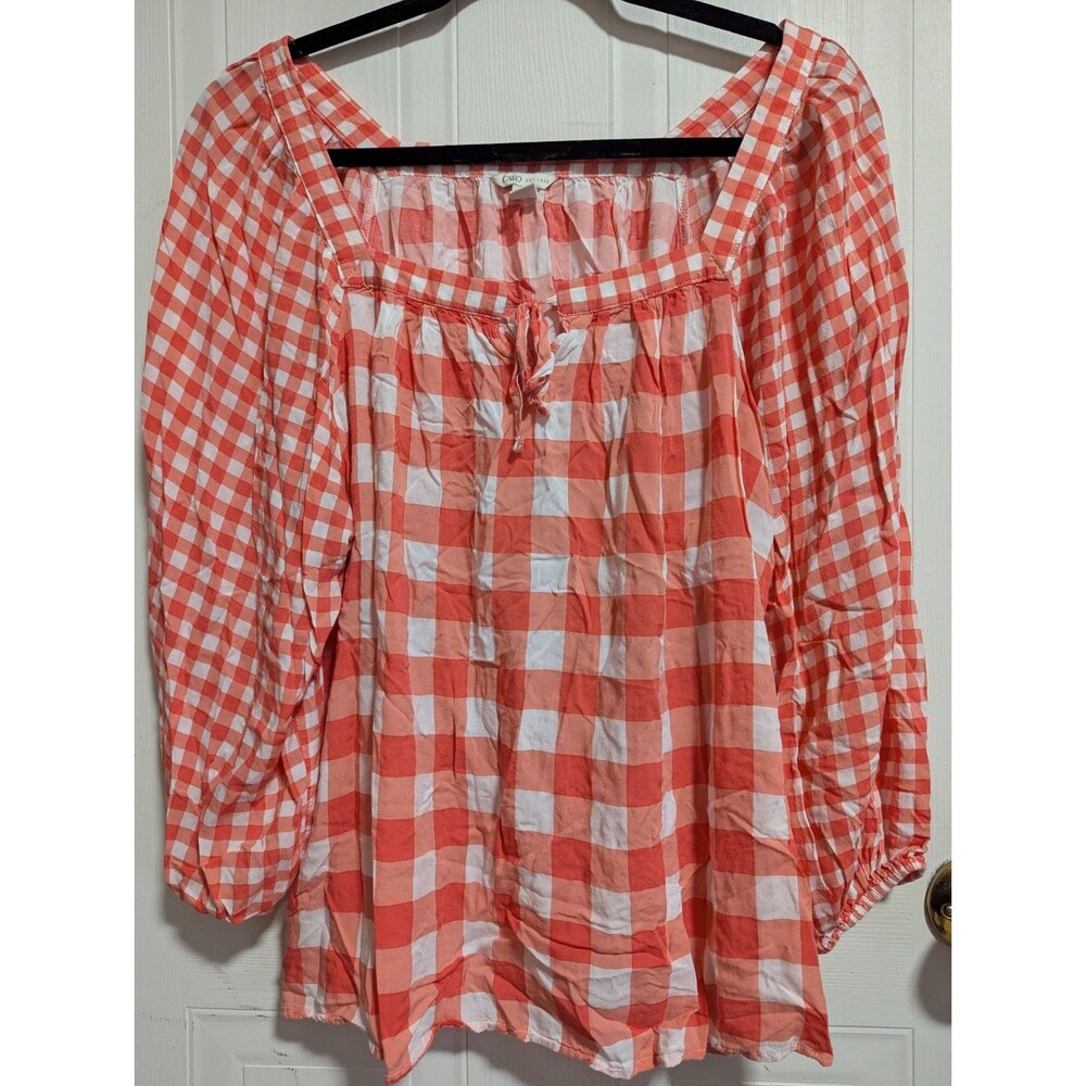 Cato XL Gingham Plaid Square Neck Tie Front 3/4 Puff Sleeve Blouse Fall Country